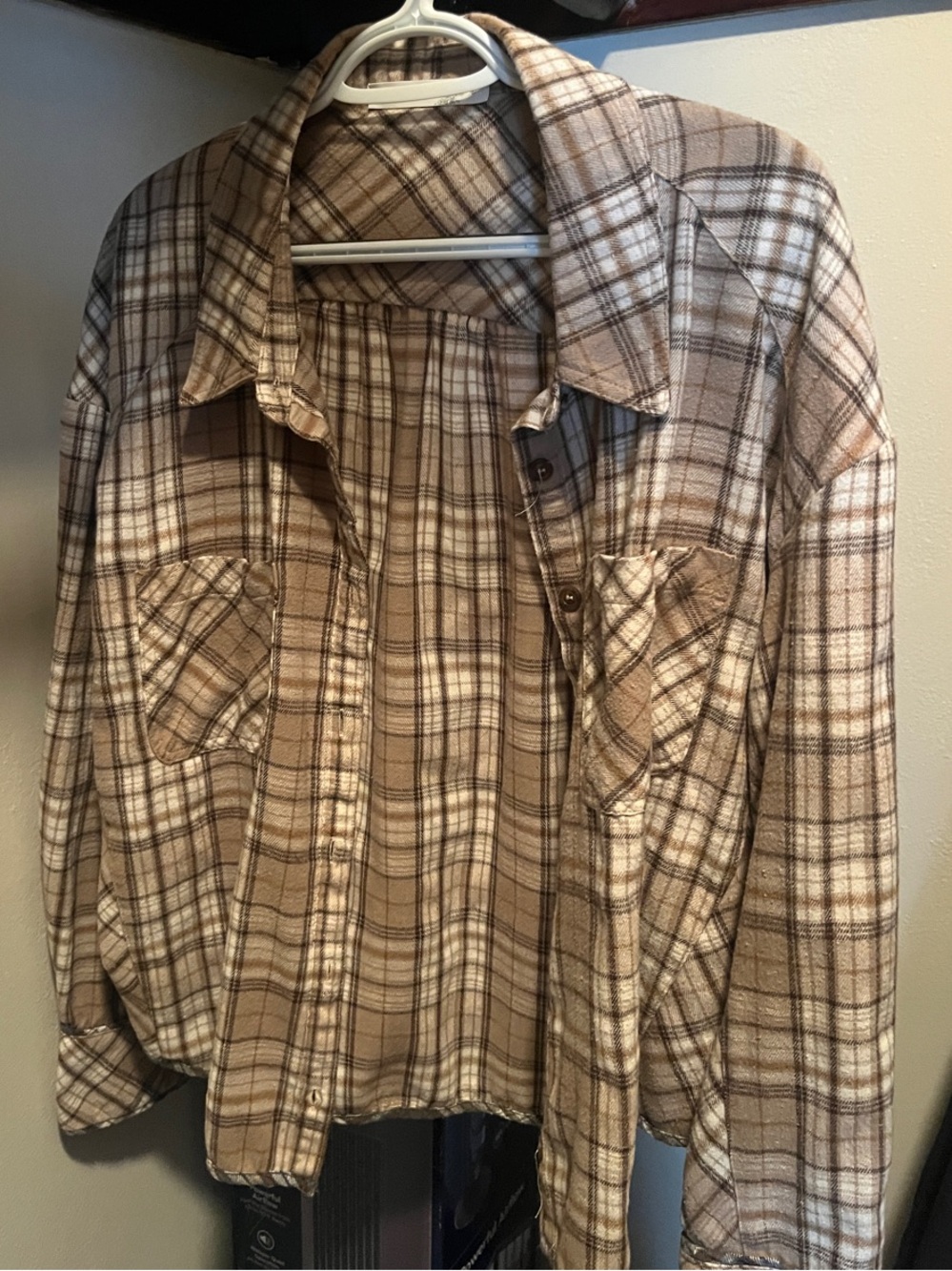 Altar'd State Plaid Flannel in Beige, Cream & Brown